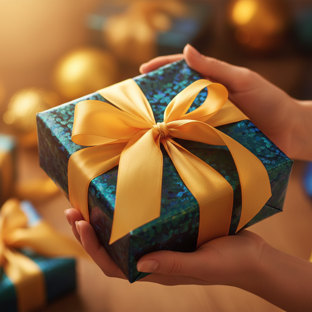 Hands holding a beautifully wrapped gift in peacock feather colors - intimate gift-giving moment