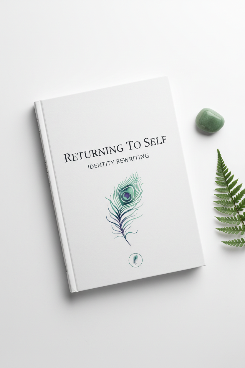 Returning To Self - Identity Rewriting book cover, minimalist white background with peacock feather colors