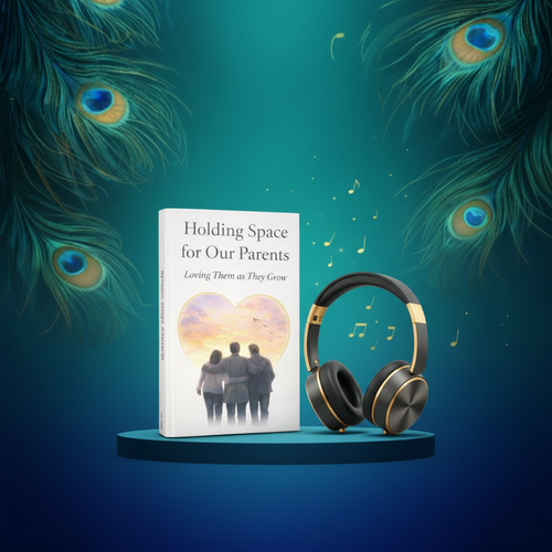 Holding Space for Our Parents bundle with peacock colors, standing headphones, and musical notes