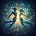 My Twin Flame Come Near - divine masculine and feminine twin flames reuniting with peacock colors and radiant light