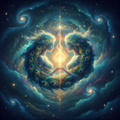 My Divine Soulmate - ethereal souls intertwining in cosmic space with sacred flame and peacock colors