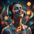 Person with headphones experiencing the joy of listening to a personalized song in peacock feather colors