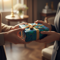 Hands exchanging a gift between two people in peacock feather colors - meaningful gift-giving moment