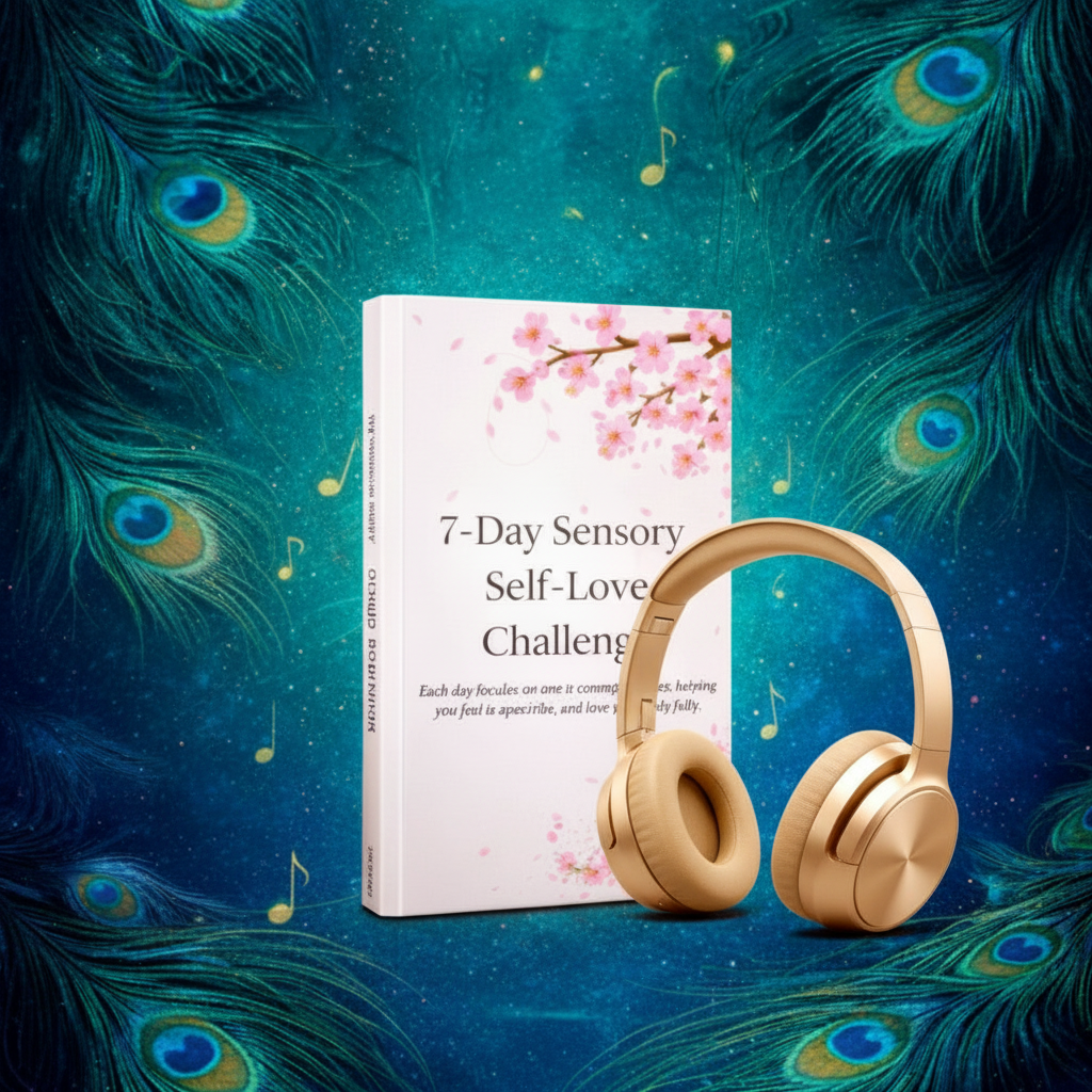 Sensory Self-Love Bundle with peacock colors, standing headphones, and musical notes
